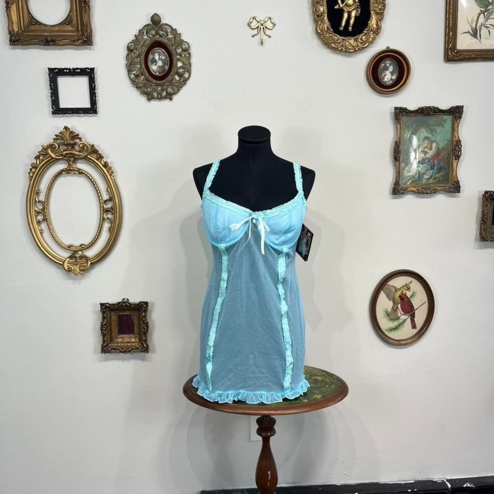 Vintage Coquette Blue Sheer Lingerie Set with Ruffle Trim – Size Large